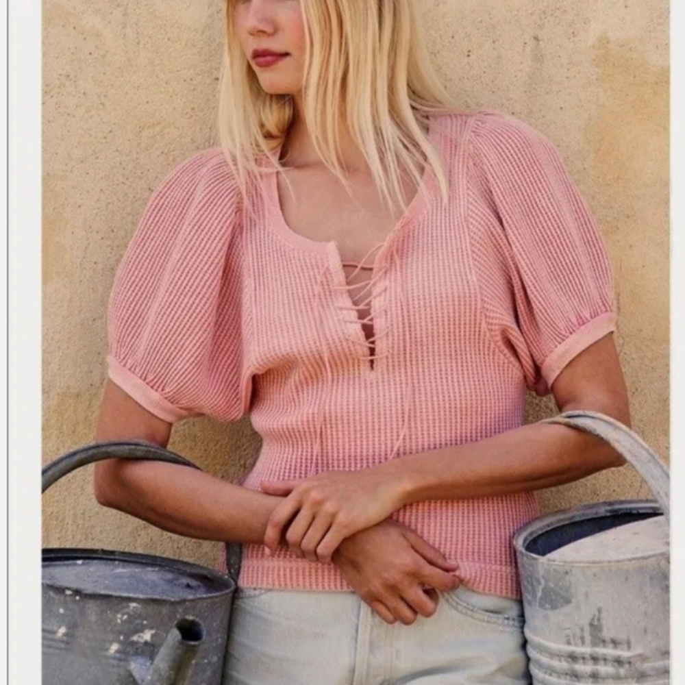 Free People FP One Hayden Pink Puff Sleeve Lace Up Thermal Top - Size XS